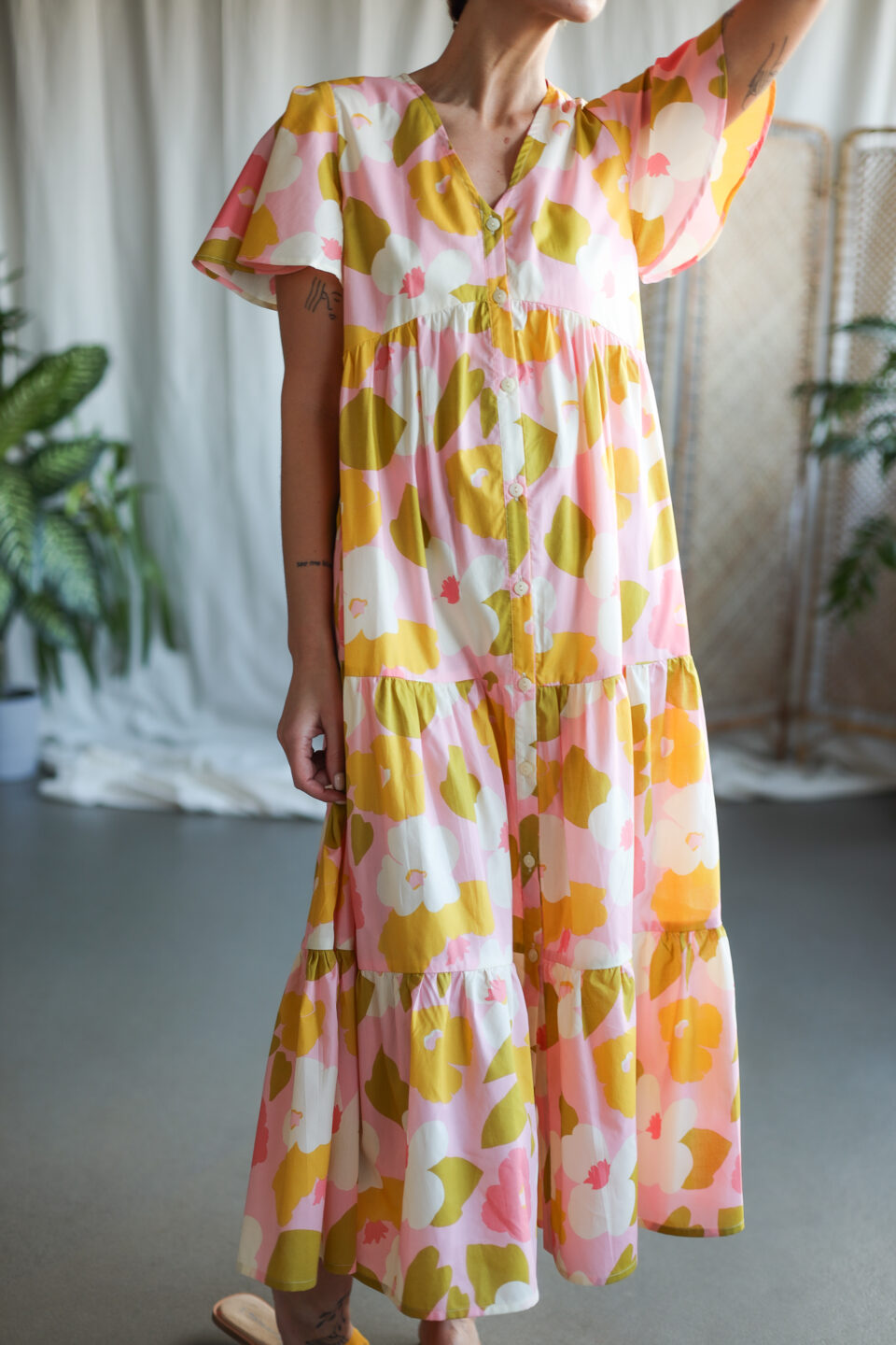 Pink tiered floral Maxi buttons through dress GINA - Image 1