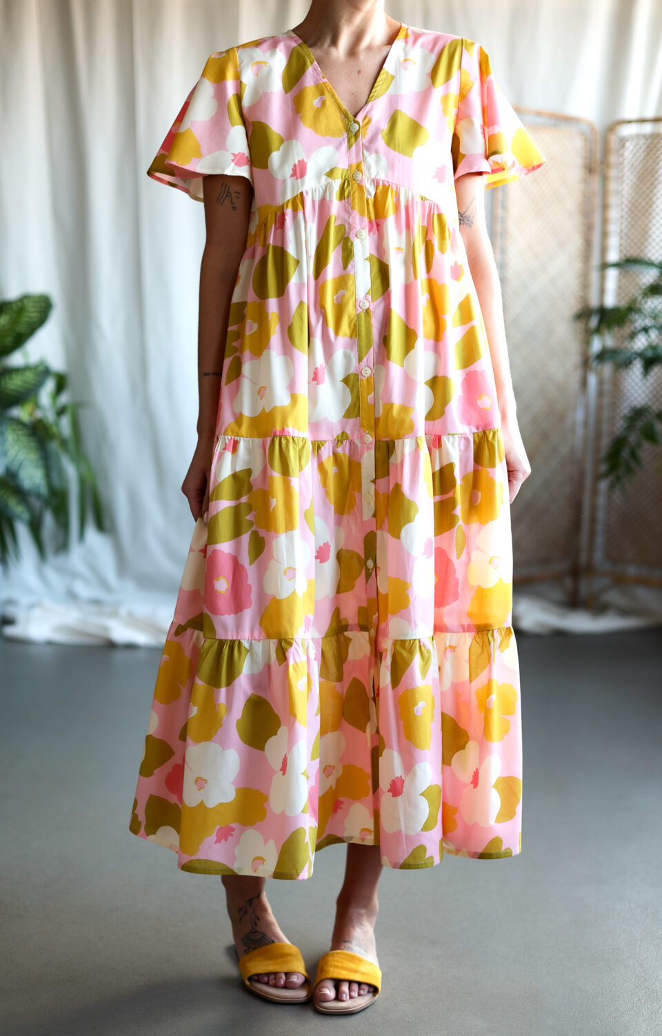 Pink tiered floral Maxi buttons through dress GINA - Image 2