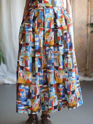 Abstract print silky cotton pleated Maxi skirt | Skirt | Sustainable clothing | OffOn clothing