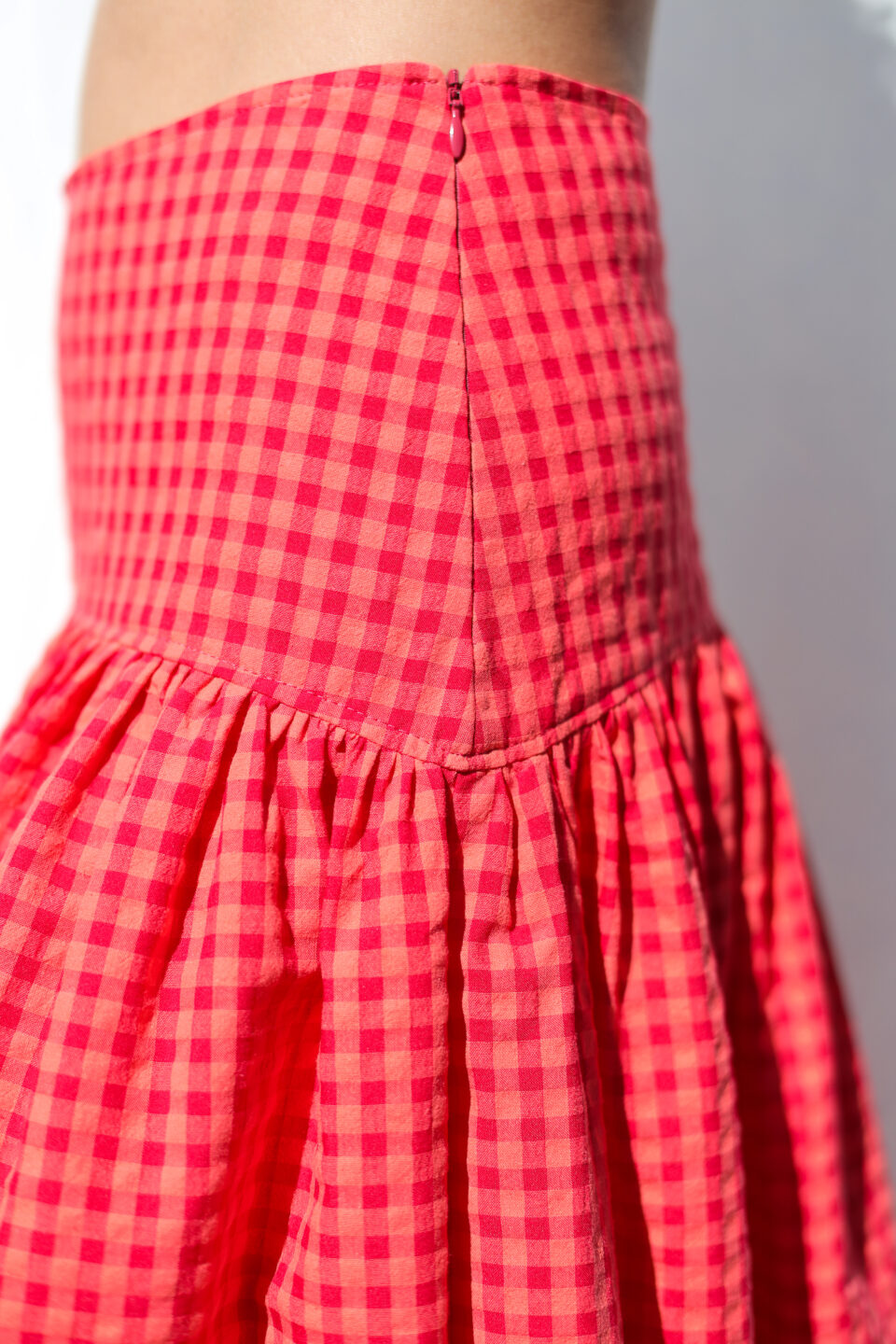Yoke hand ruffle skirt BRIGIT in Glace Cherry Red seersucker checks - Image 3