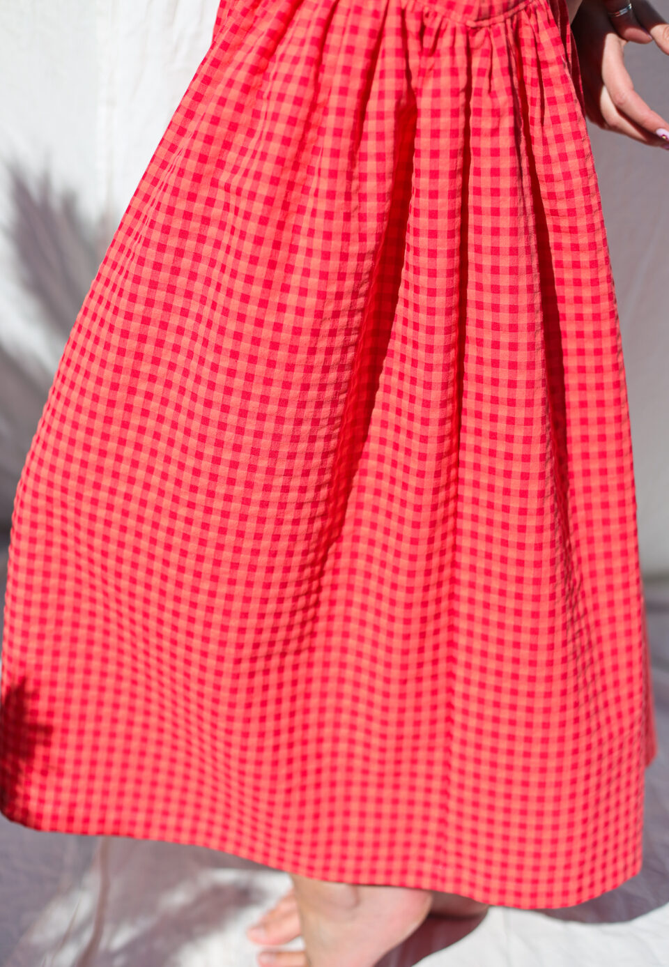 Yoke hand ruffle skirt BRIGIT in Glace Cherry Red seersucker checks - Image 4