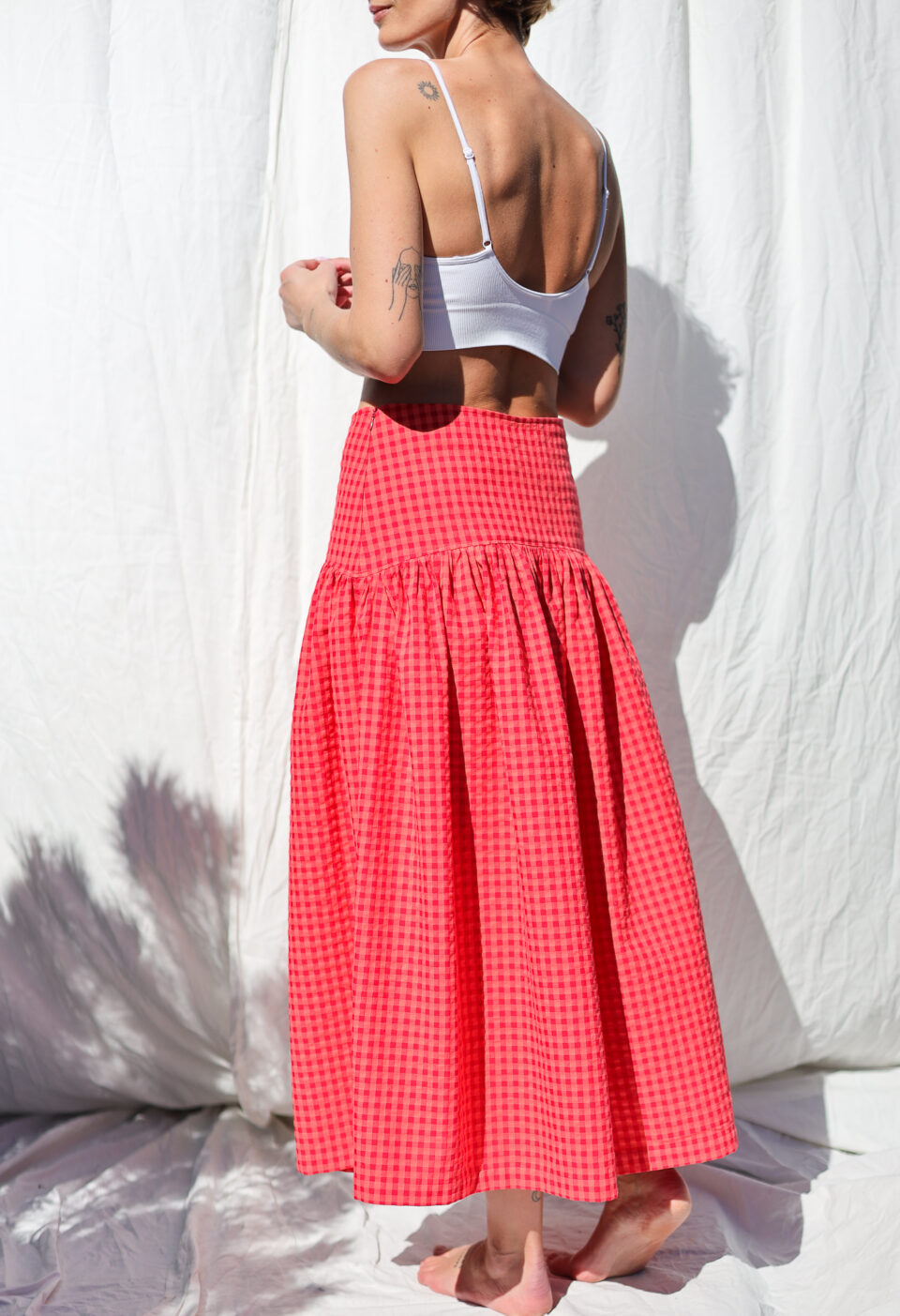 Yoke hand ruffle skirt BRIGIT in Glace Cherry Red seersucker checks - Image 5