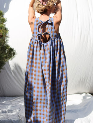 Sleeveless Blue Bonnet seersucker checks Maxi dress LILOU | Dress | Sustainable clothing | OffOn clothing