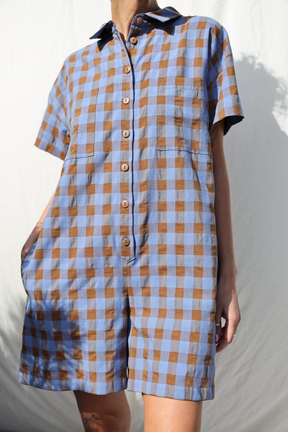 Seersucker checks short sleeved playsuit - Image 1