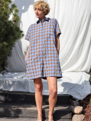 Seersucker checks short sleeved playsuit | Jumpsuit | Sustainable clothing | OffOn clothing
