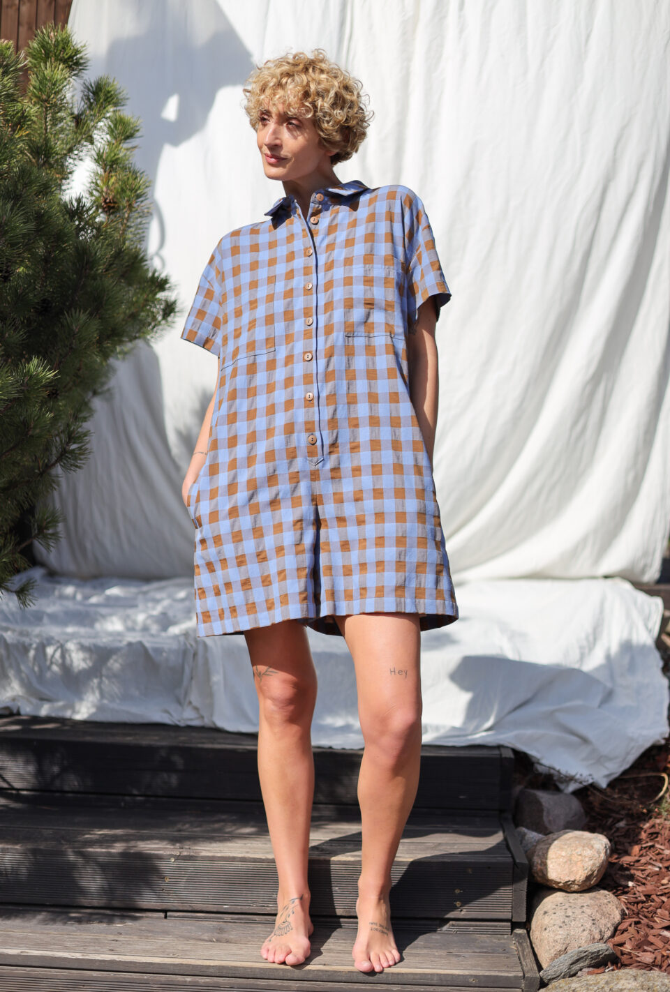 Seersucker checks short sleeved playsuit | Jumpsuit | Sustainable clothing | OffOn clothing