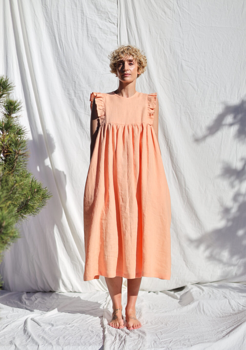 Flutter sleeves ruffled skirt linen dress AMANDA | Dress | Sustainable clothing | OffOn clothing