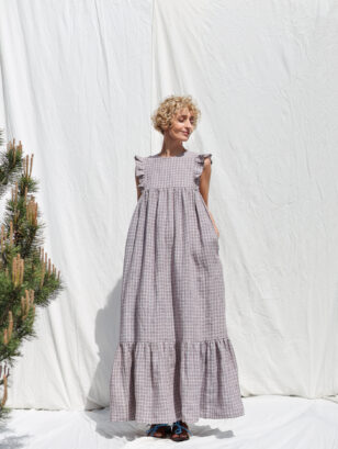 Linen flutter sleeves tiered hem dress with tie BASILE | Dress | Sustainable clothing | OffOn clothing