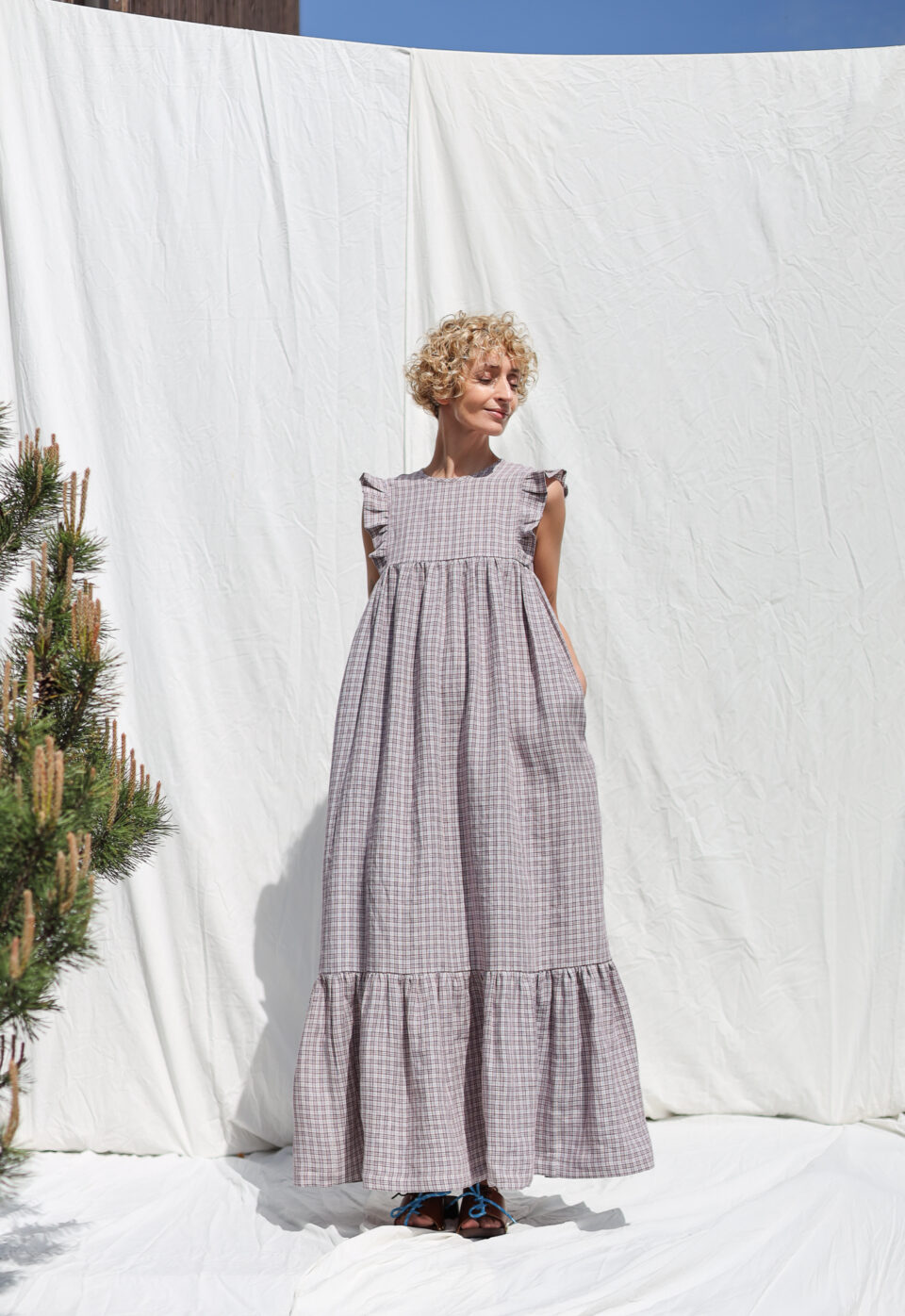 Linen flutter sleeves tiered hem dress with tie BASILE | Dress | Sustainable clothing | OffOn clothing