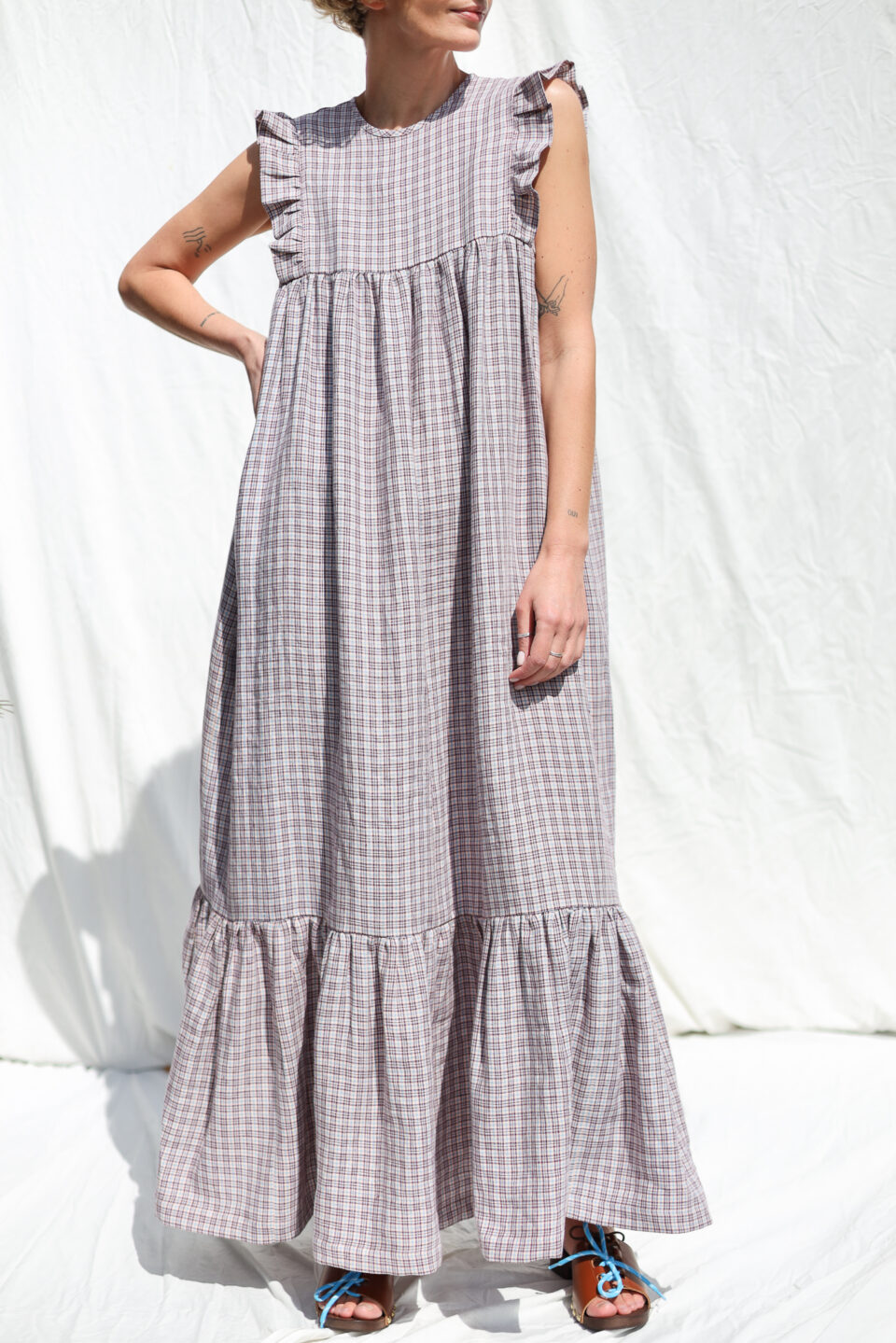 Linen flutter sleeves tiered hem dress with tie BASILE - Image 1