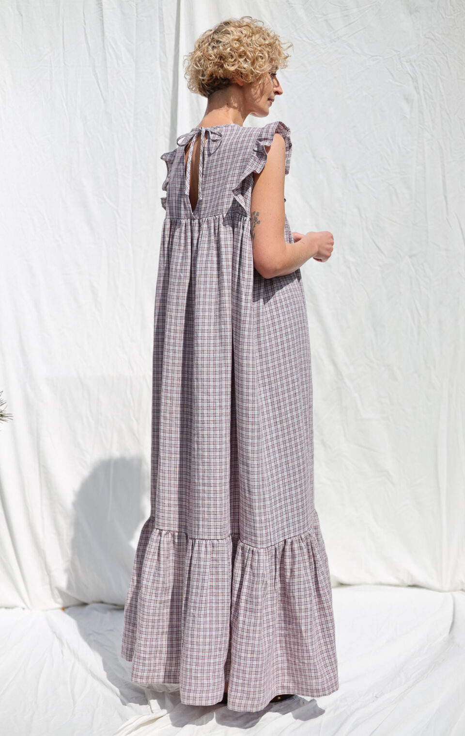 Linen flutter sleeves tiered hem dress with tie BASILE - Image 3