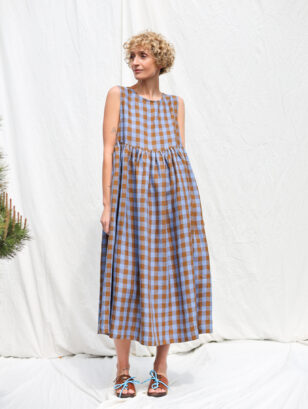 Exclusive Blue Bonnet Linen checks smock sleeveless dress | Dress | Sustainable clothing | OffOn clothing