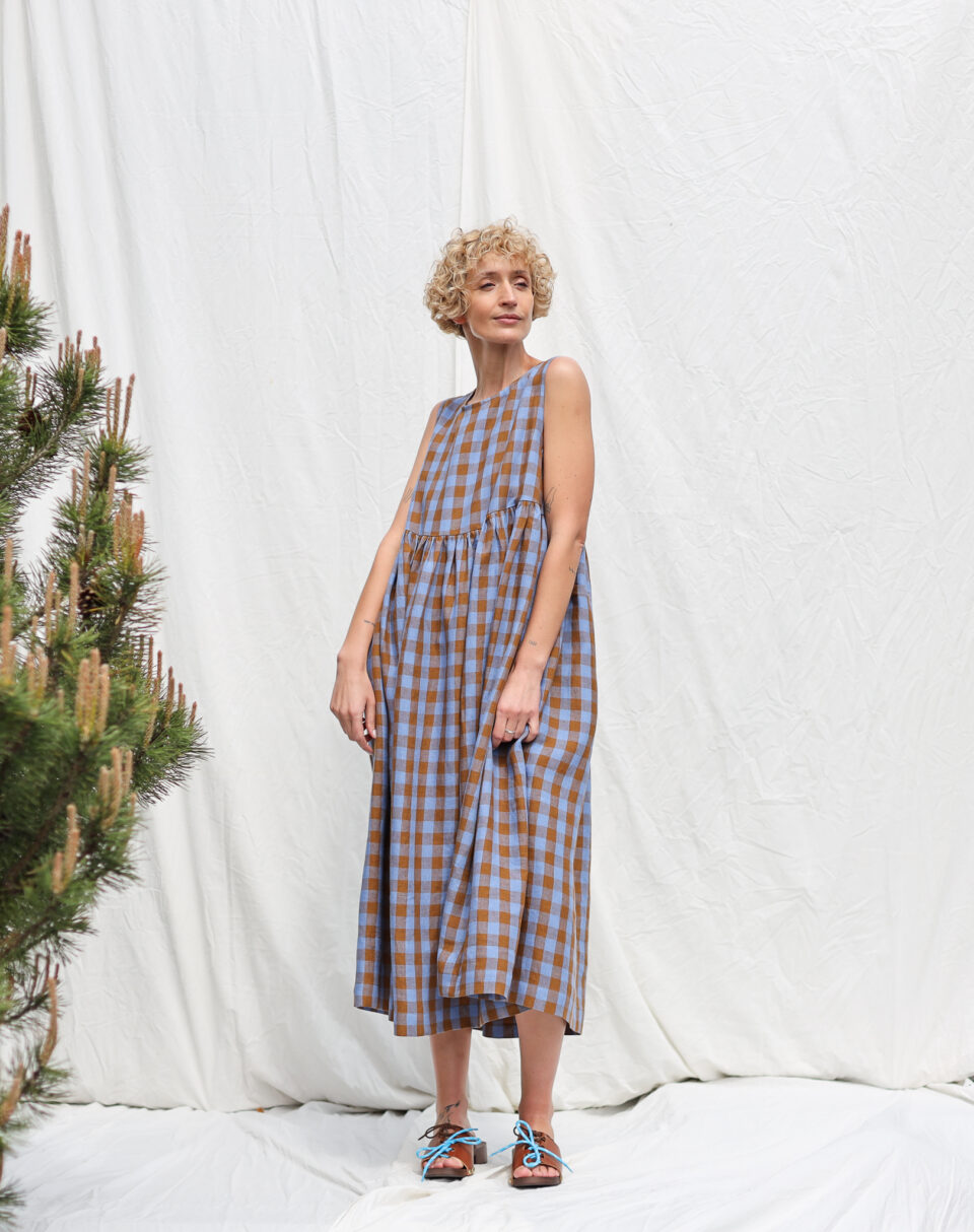 Exclusive Blue Bonnet Linen checks smock sleeveless dress
