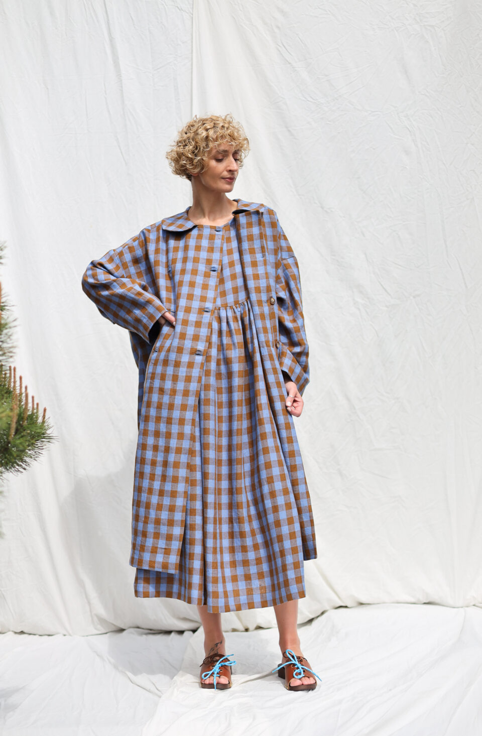 Double breasted linen oversized coat in blue bonnet checks - Image 1