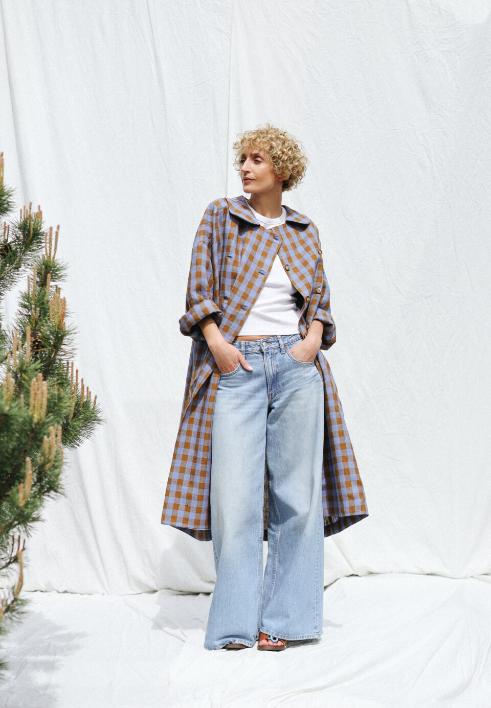 Linen oversized coat in blue bonnet checks | Coat | Sustainable clothing | OffOn clothing
