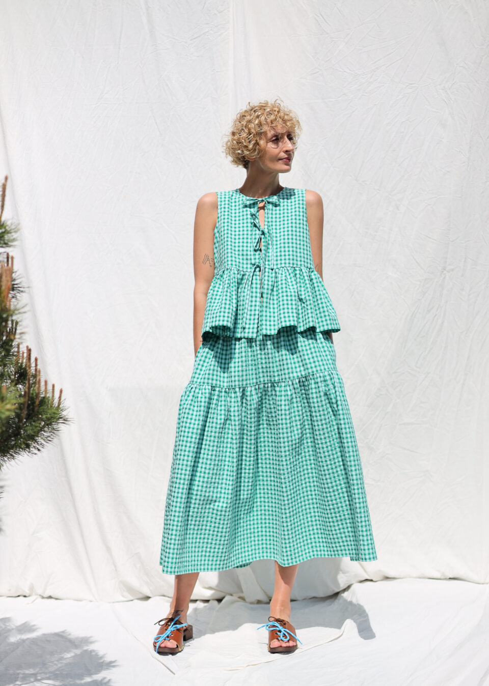 Jungle green seersucker checks elasticated waist skirt - Image 1