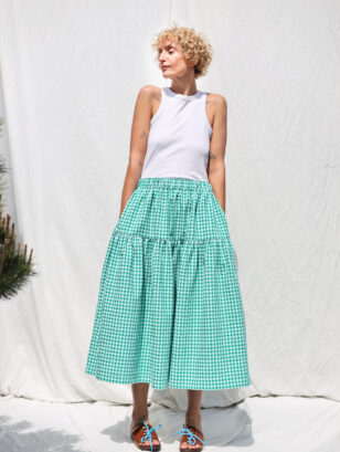 Jungle green seersucker checks elasticated waist skirt | Skirt | Sustainable clothing | OffOn clothing