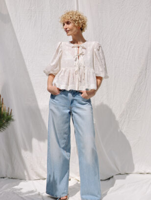 Embroidered silk and cotton puffy sleeves blouse with front ties SUNNY | Top | Sustainable clothing | OffOn clothing