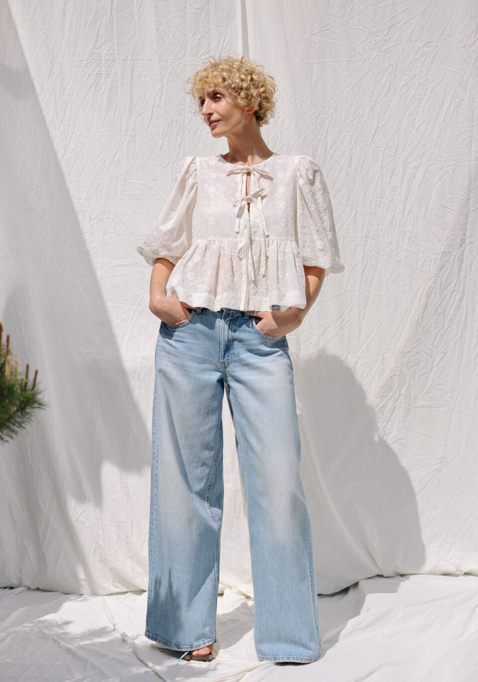 Embroidered silk and cotton puffy sleeves blouse with front ties SUNNY | Top | Sustainable clothing | OffOn clothing