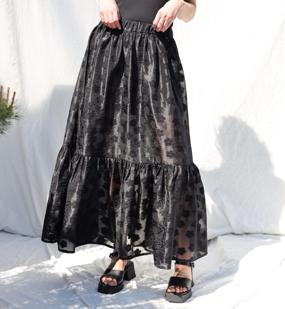 Black floral viscose organza ruffled hem skirt with elasticated waist BLOOM | Skirt | Sustainable clothing | OffOn clothing