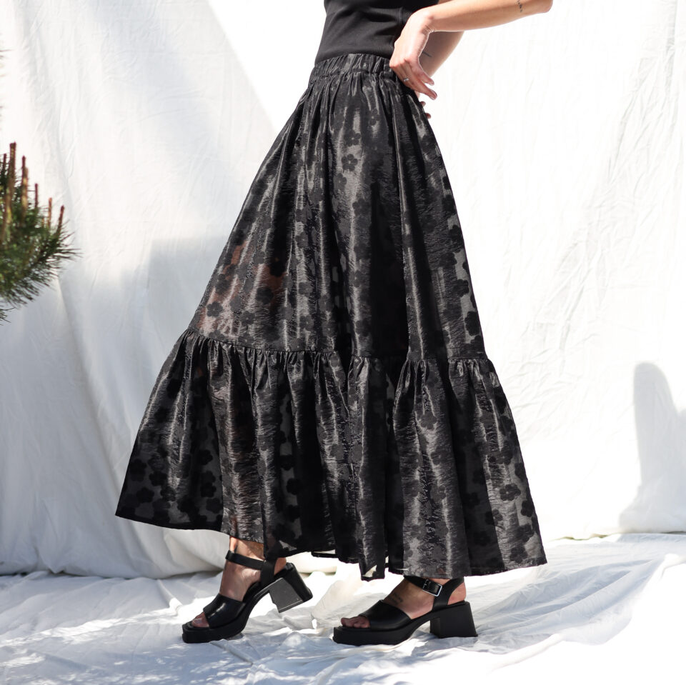 Black floral viscose organza ruffled hem skirt with elasticated waist BLOOM | Skirt | Sustainable clothing | OffOn clothing