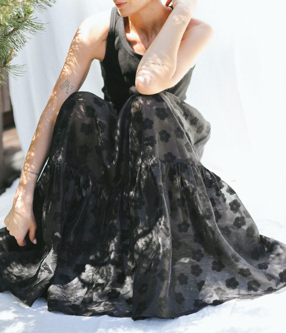 Black floral viscose organza ruffled hem skirt with elasticated waist BLOOM - Image 5
