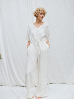 Linen V-neck Wide Legs Jumpsuit with Drawstring In Off-white Natural Stripes | Dress | Sustainable clothing | OffOn clothing