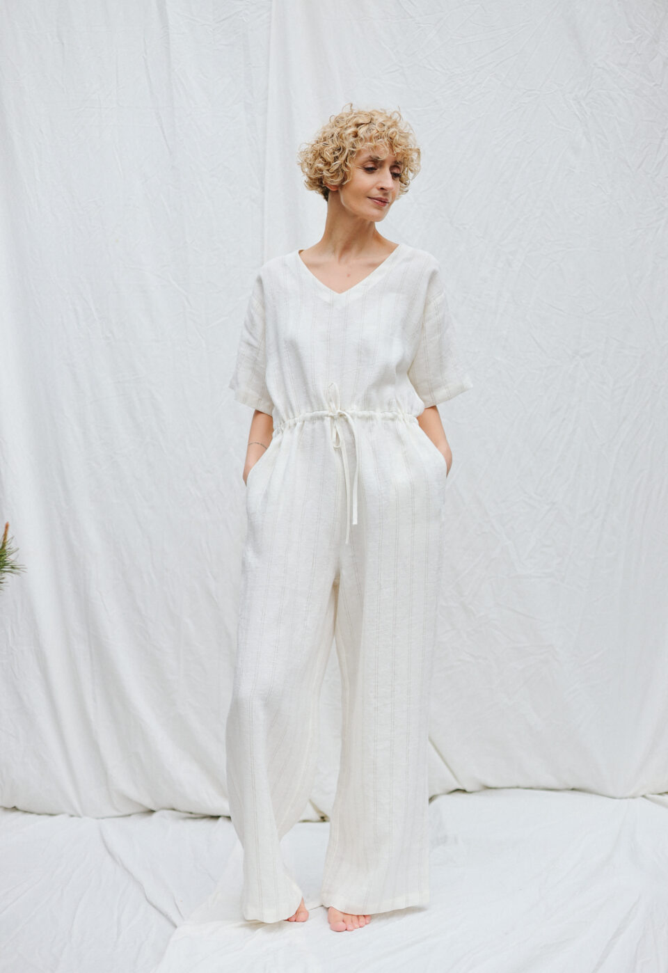 Linen V-neck Wide Legs Jumpsuit with Drawstring In Off-white Natural Stripes | Dress | Sustainable clothing | OffOn clothing