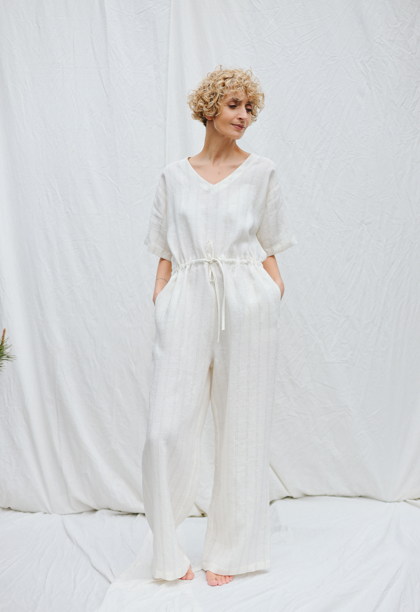 Pinstriped Linen V-neck Jumpsuit