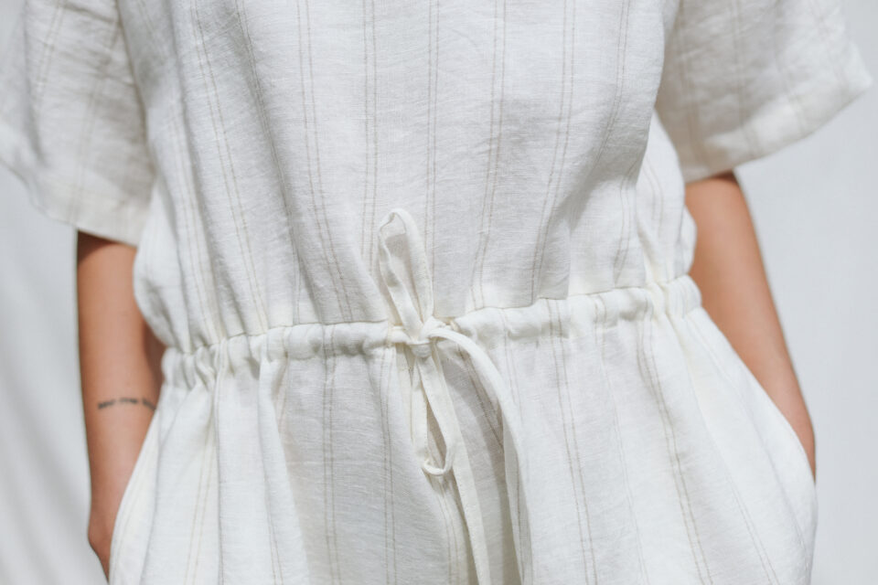 Linen V-neck Wide Legs Jumpsuit with Drawstring In Off-white Natural Stripes - Image 2
