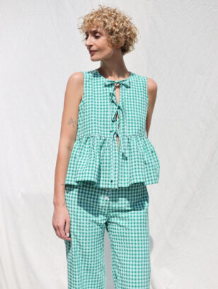 Sleeveless summer blouse with ties in jungle green seersucker checks | Dress | Sustainable clothing | OffOn clothing