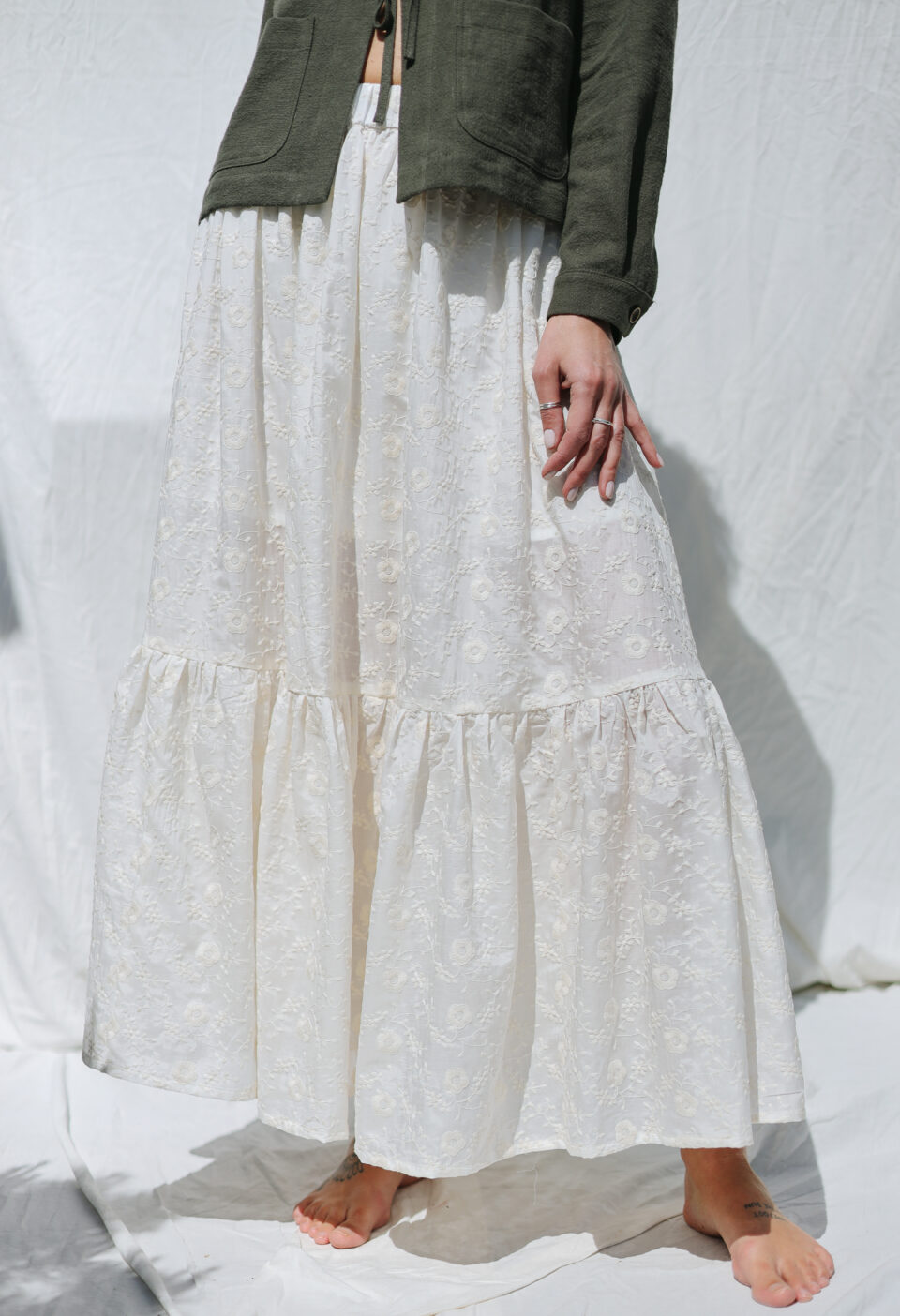 Embroidered silk and cotton ruffled hem skirt with elasticated waist BLOOM | Skirt | Sustainable clothing | OffOn clothing
