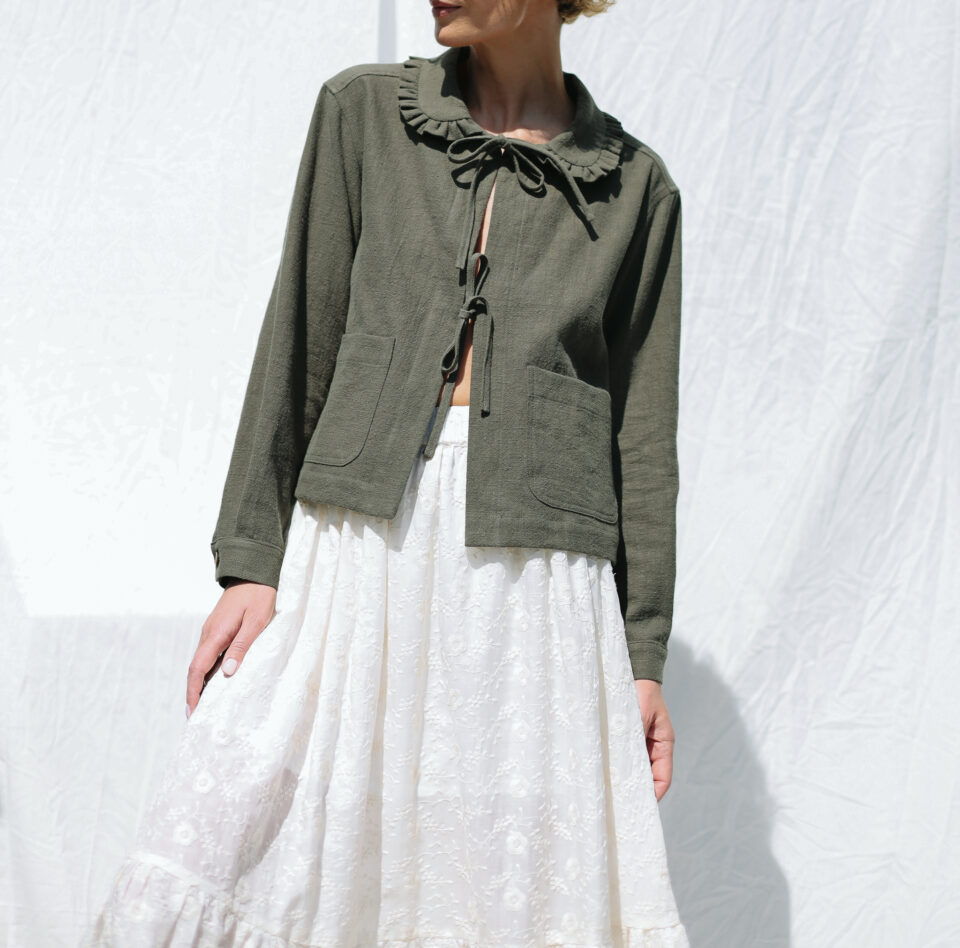 Heavy Linen Jacket with Peter Pan Ruffle Collar and Ties