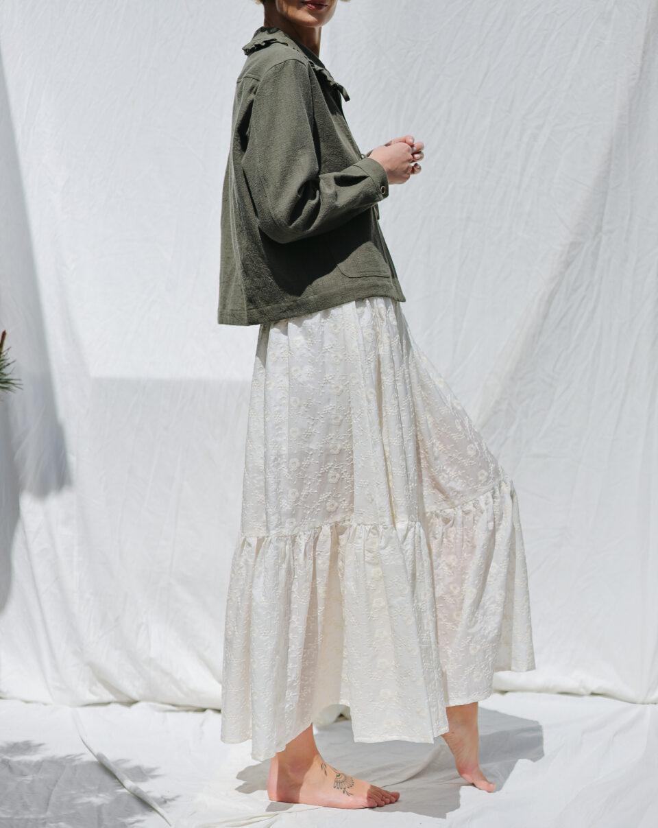 Embroidered silk and cotton ruffled hem skirt with elasticated waist BLOOM - Image 1