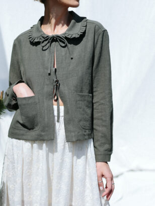 Heavy Linen Jacket with Peter Pan Ruffle Collar and Ties | Jacket | Sustainable clothing | OffOn clothing