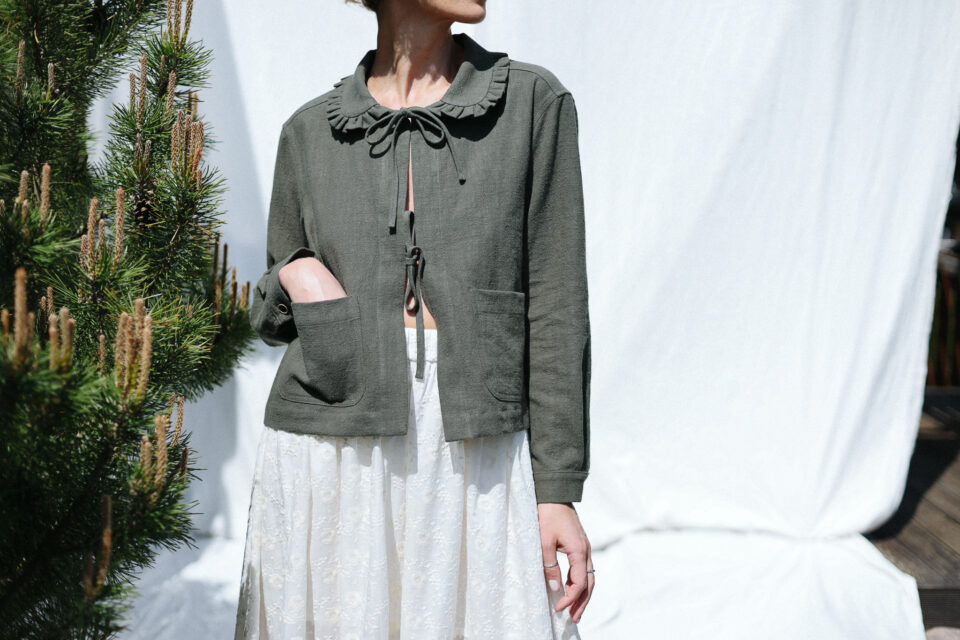 Heavy Linen Jacket with Peter Pan Ruffle Collar and Ties | Jacket | Sustainable clothing | OffOn clothing