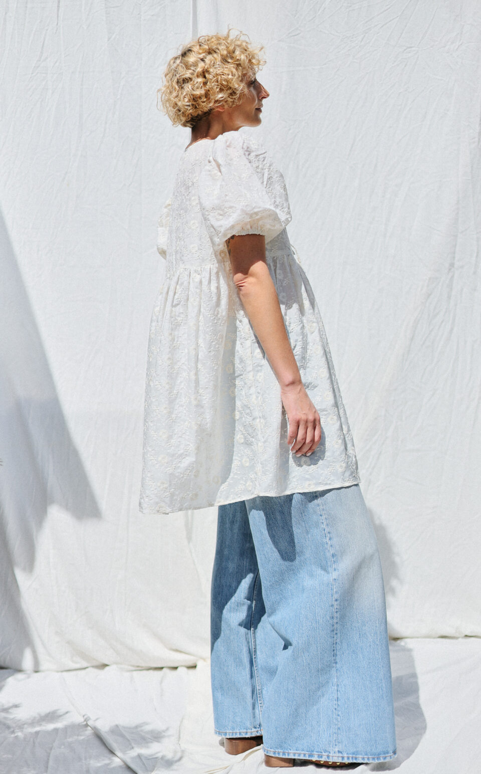 Puffy Sleeves Babydoll Dress in Ivory Embroidered Silk and Cotton - Image 1