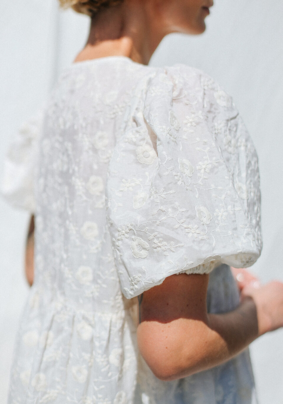 Puffy Sleeves Babydoll Dress in Ivory Embroidered Silk and Cotton - Image 3