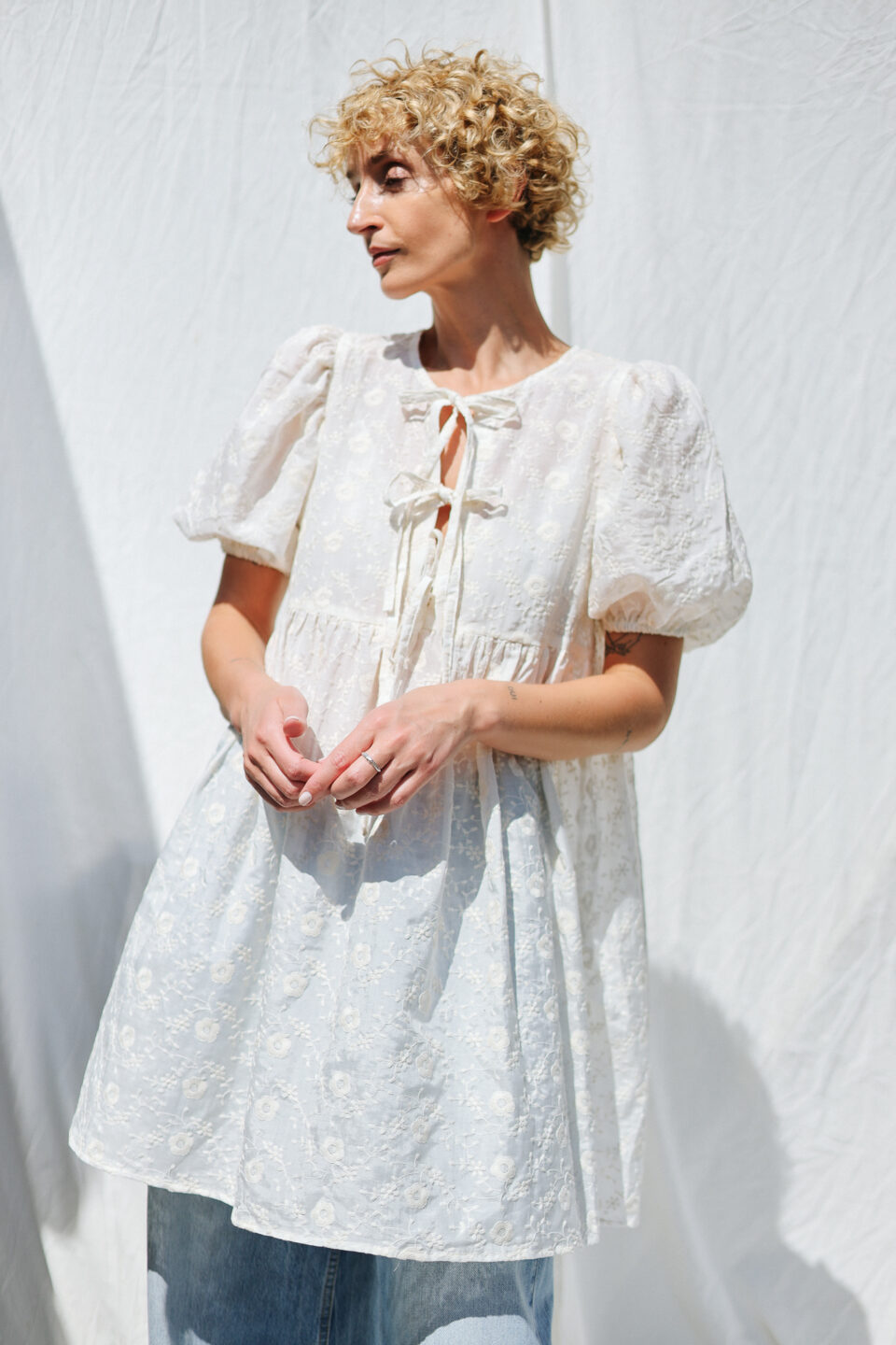 Puffy Sleeves Babydoll Dress in Ivory Embroidered Silk and Cotton | Dress | Sustainable clothing | OffOn clothing
