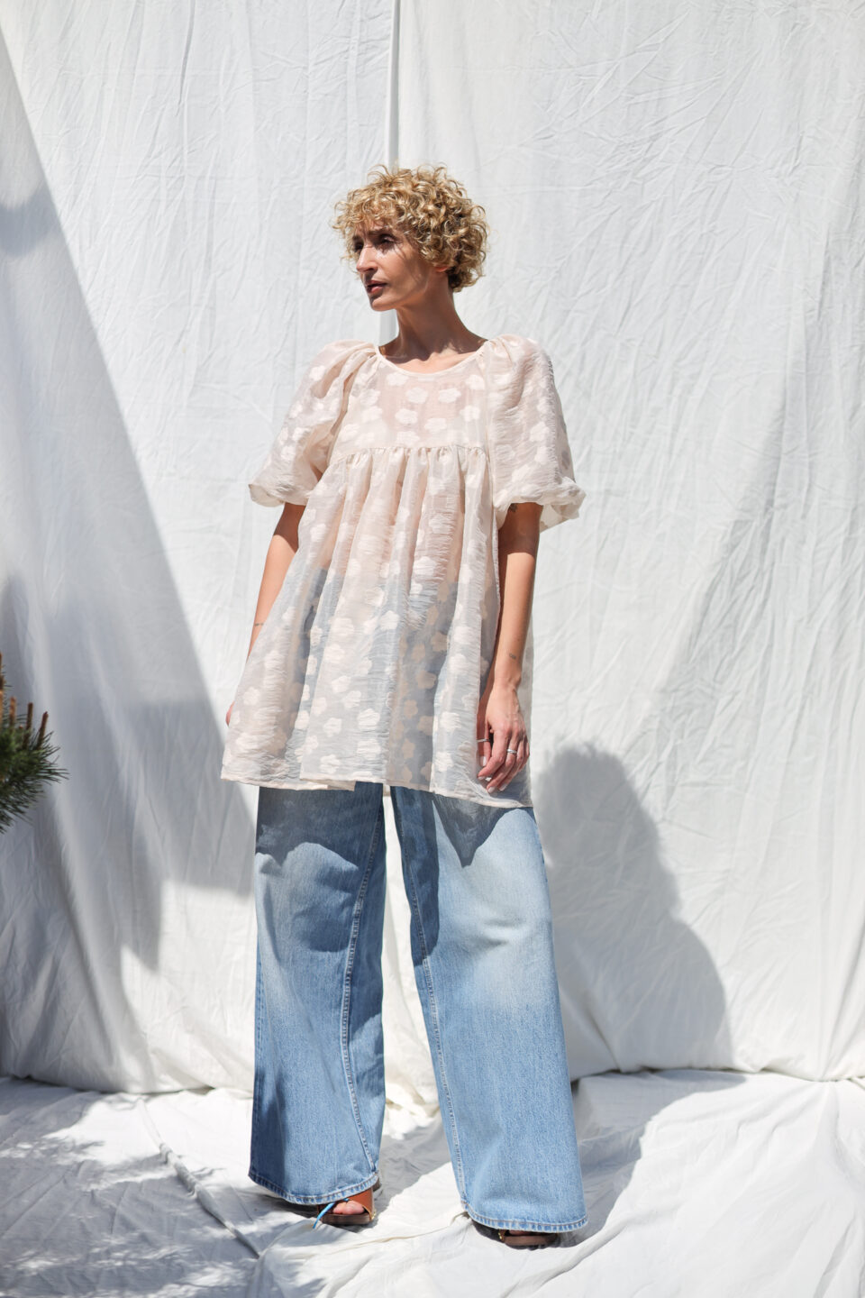 Floral organza puffy sleeves MINI tunic dress - Image 2