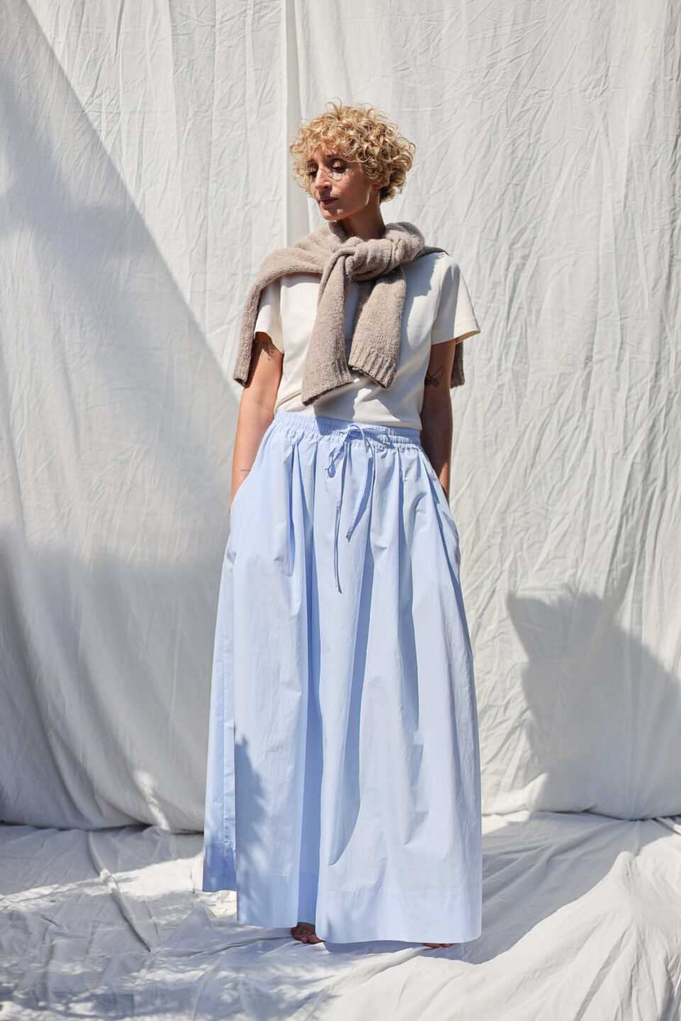 Light Blue Organic Cotton Elasticated Waist Maxi Skirt With Pleats | Skirt | Sustainable clothing | OffOn clothing