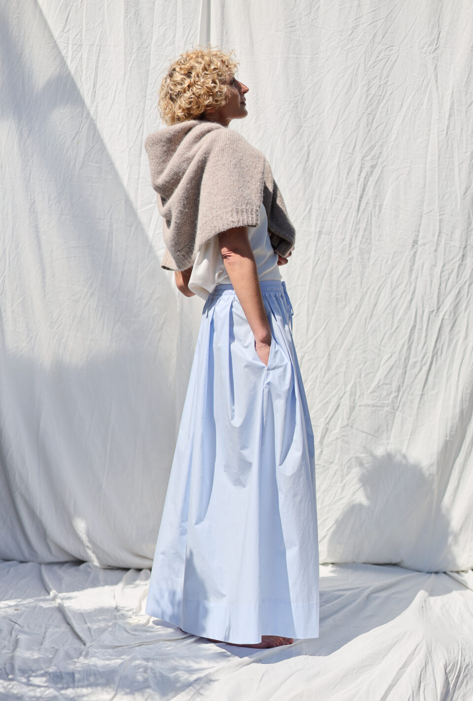 Light Blue Organic Cotton Elasticated Waist Maxi Skirt With Pleats - Image 2