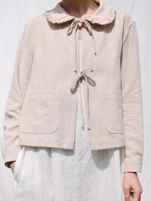 Beige heavy linen jacket with Peter Pan ruffle collar and ties | Jacket | Sustainable clothing | OffOn clothing