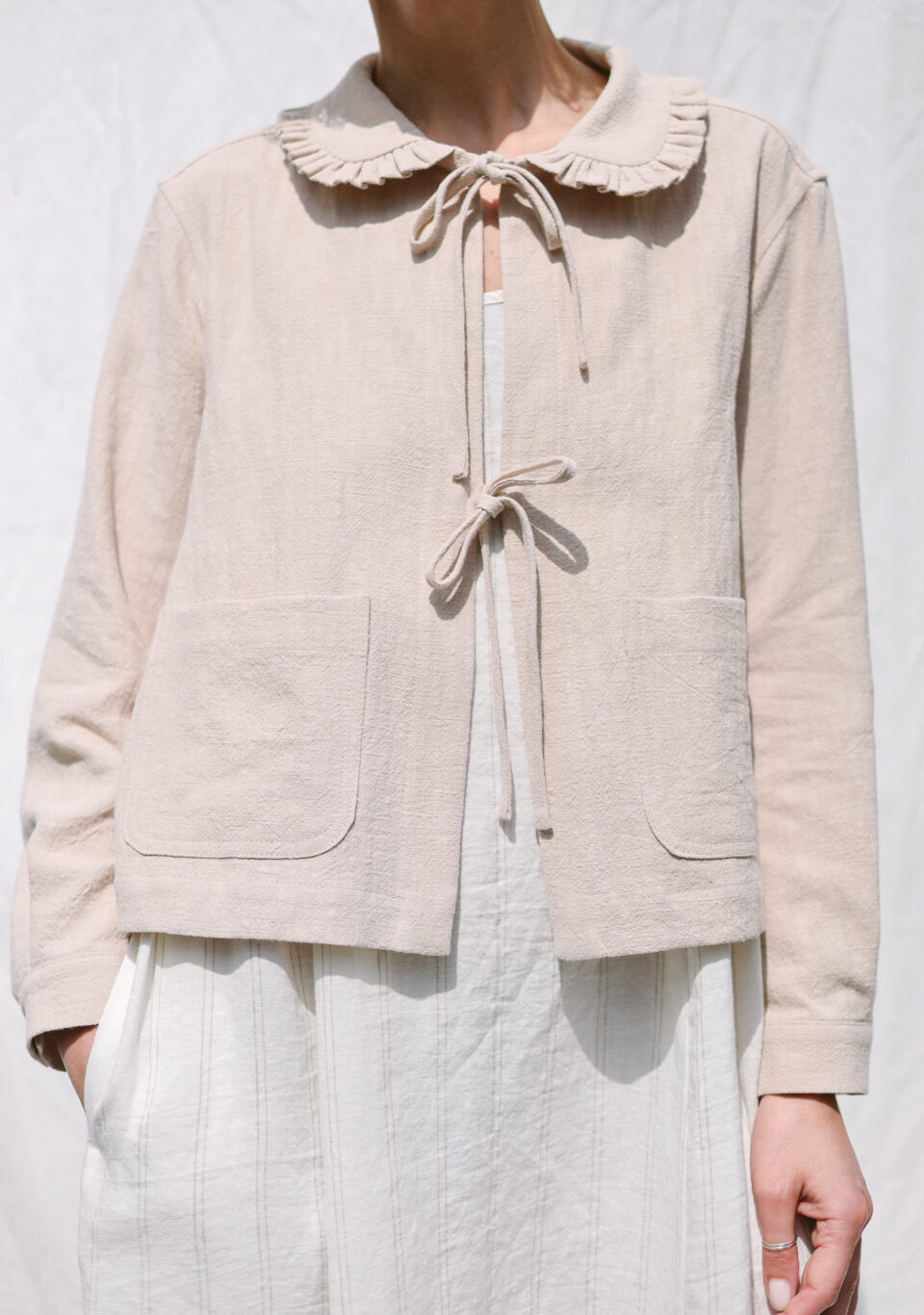 Beige heavy linen jacket with Peter Pan ruffle collar and ties | Jacket | Sustainable clothing | OffOn clothing