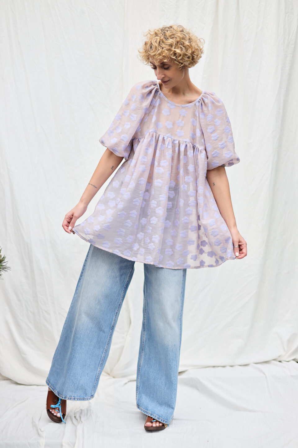 Lavender Floral Organza Puffy Sleeves MINI Tunic Dress - Image 1