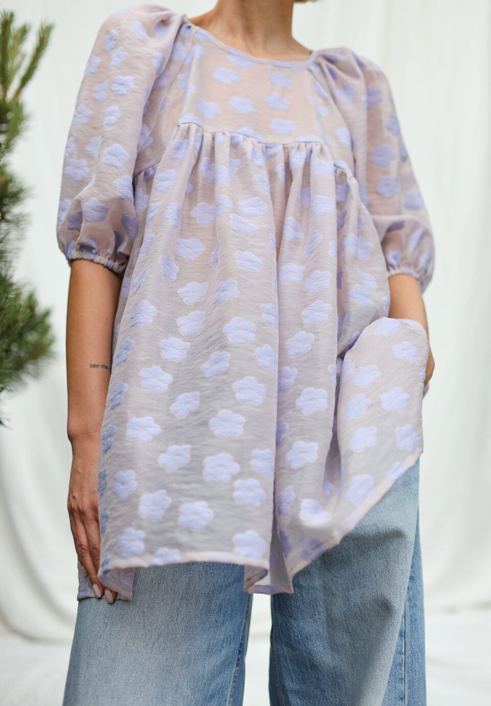 Lavender Floral Organza Puffy Sleeves MINI Tunic Dress - Image 4
