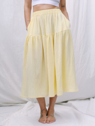 Double gauze elasticated waist Midi skirt in vanilla color | Skirt | Sustainable clothing | OffOn clothing