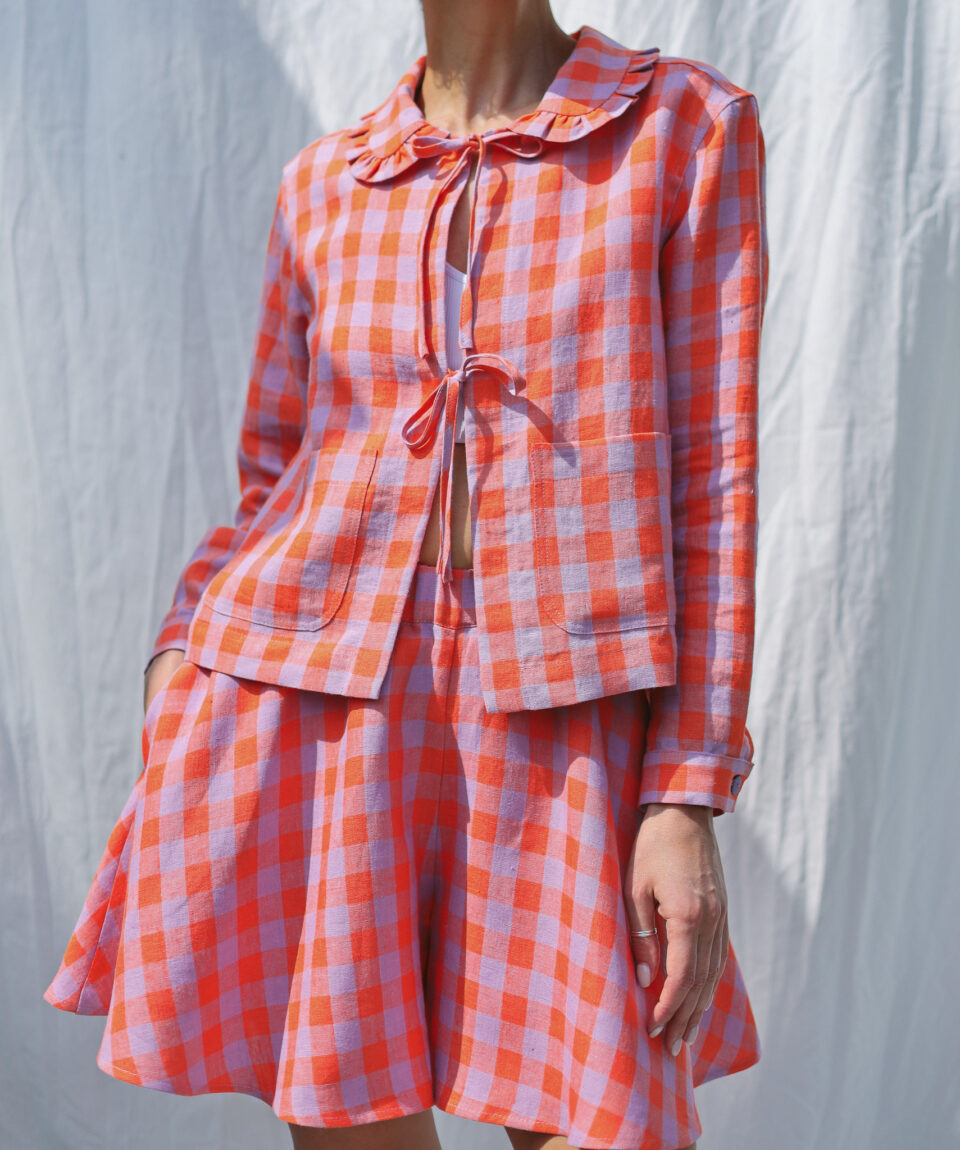 Exclusive linen checks jacket with Peter Pan ruffle collar and ties | Jacket | Sustainable clothing | OffOn clothing