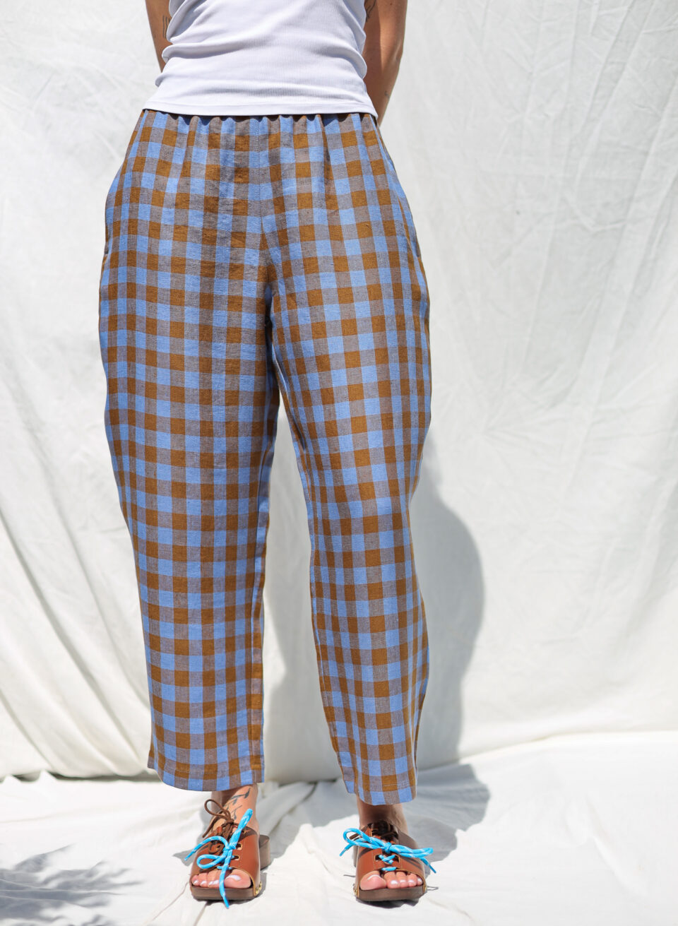 Exclusive Bluebonnet Checkered Linen Balloon Trousers VIVIAN - Image 4