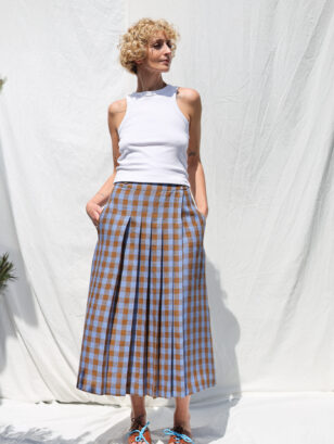 Front pleated wrap linen skirt in bluebonnet checks | Skirt | Sustainable clothing | OffOn clothing